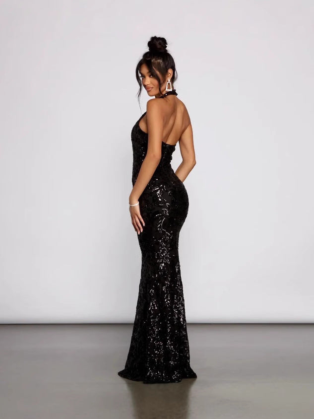 Women's Sexy Halter Neck Sequin Dress Fashion Long Gown 3
