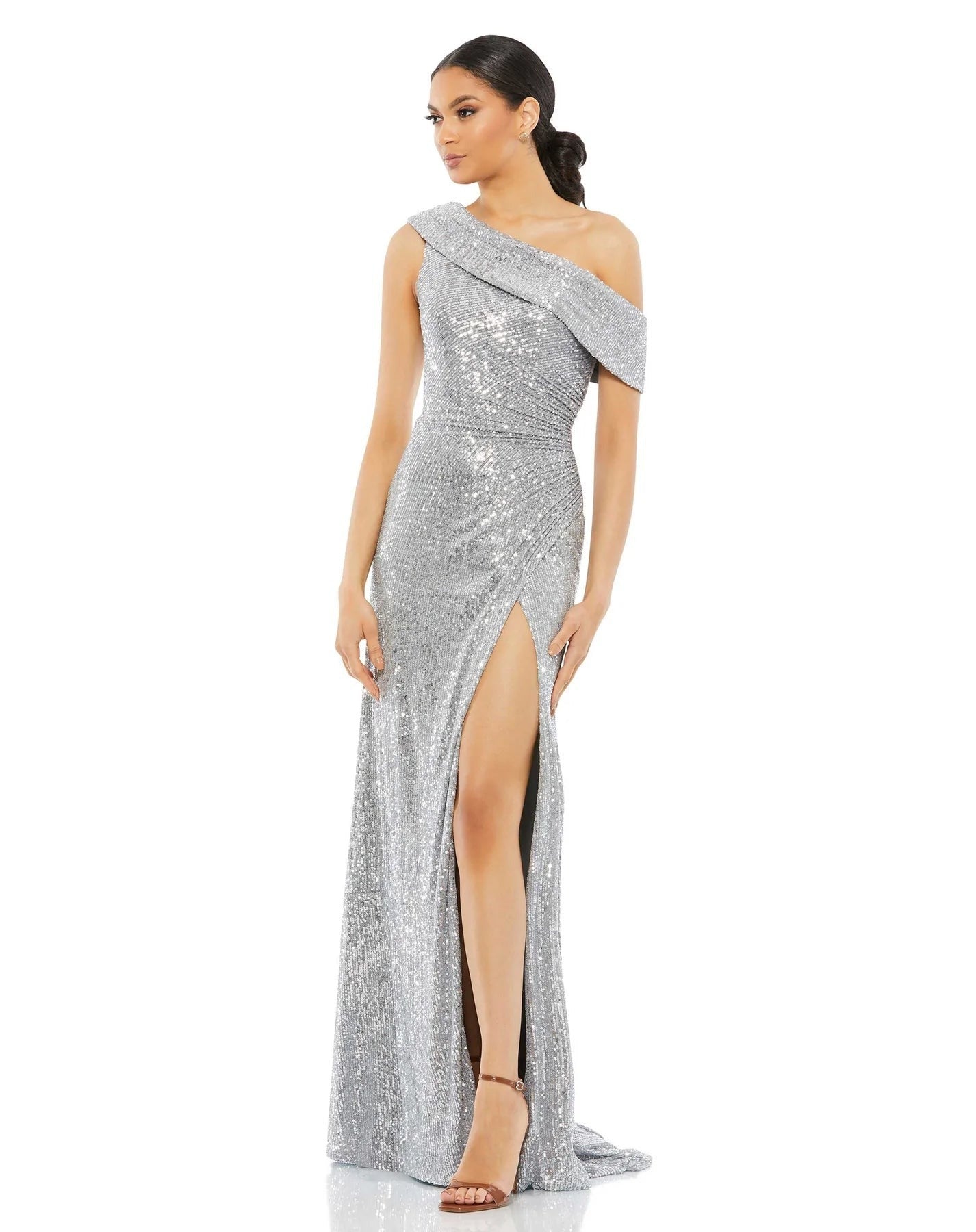 Women Summer Sequined Chic Slash Shoulder Slit Evening Dress 5