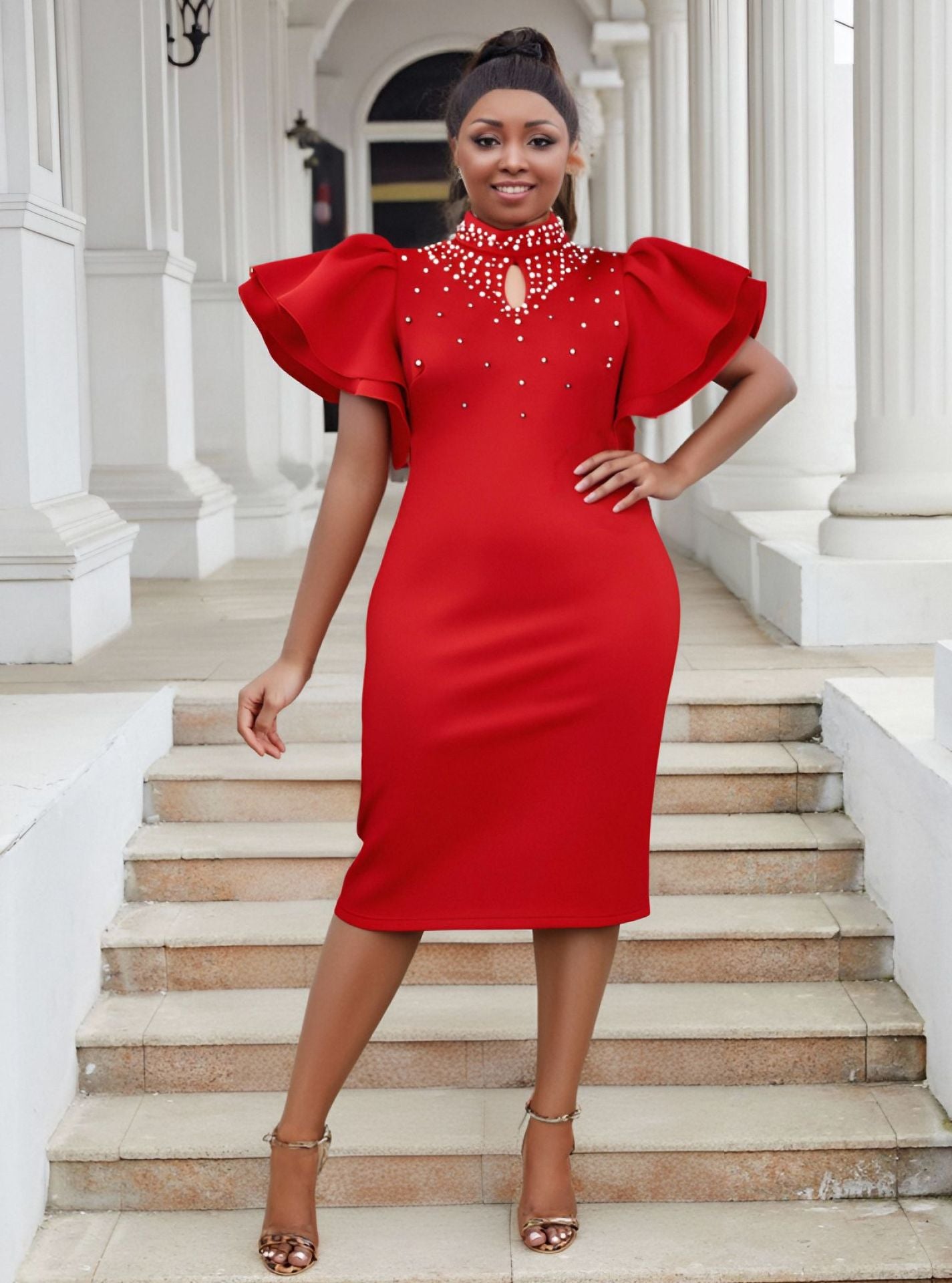 Plus Size fashion women's sexy Ruffle Sleeve Slim Waist Bodycon Beaded Party Evening Dress 4