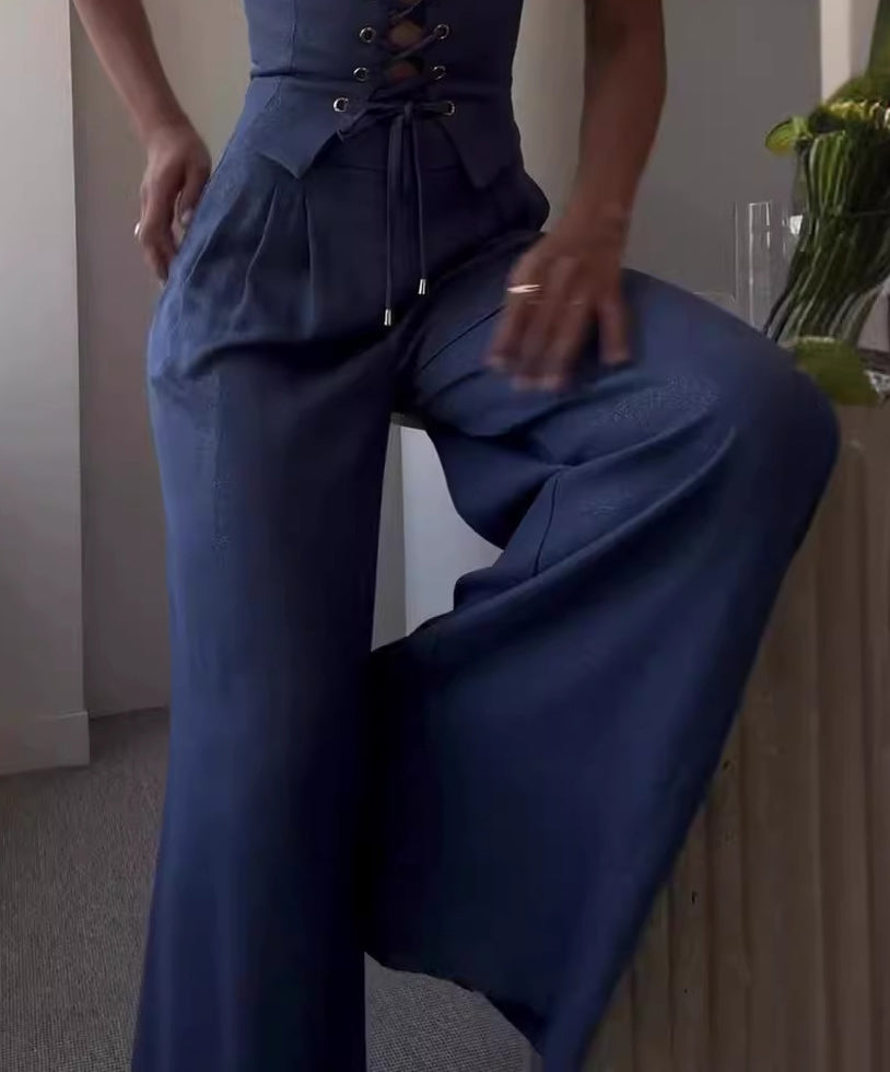 Summer Sexy Hollow Lace-Up Top Wide-Leg Pants Casual Two Piece Set 7