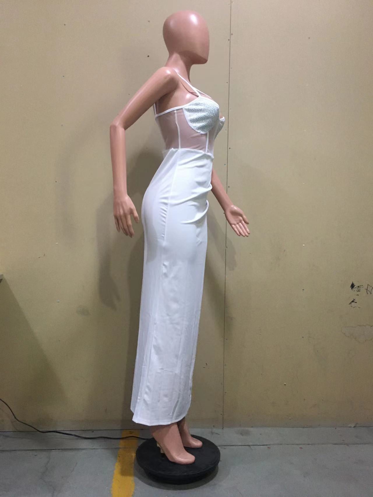 Women Summer Patchwork Mesh Beaded Slit Long Dress 15