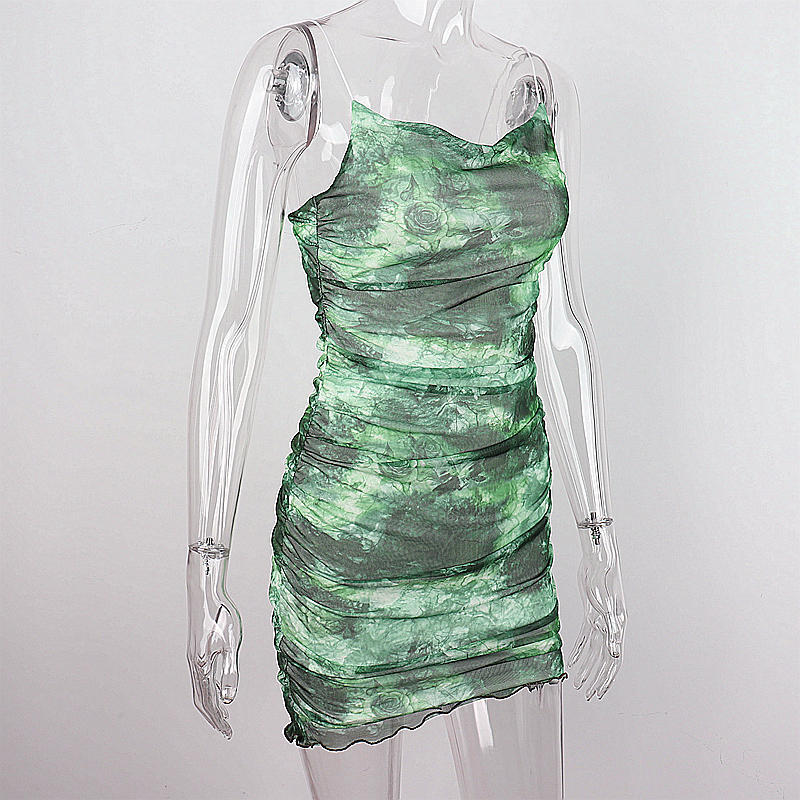 Summer Fashion Sexy Tie Dye Print Low Back Strap Ruched Bodycon Dress 9