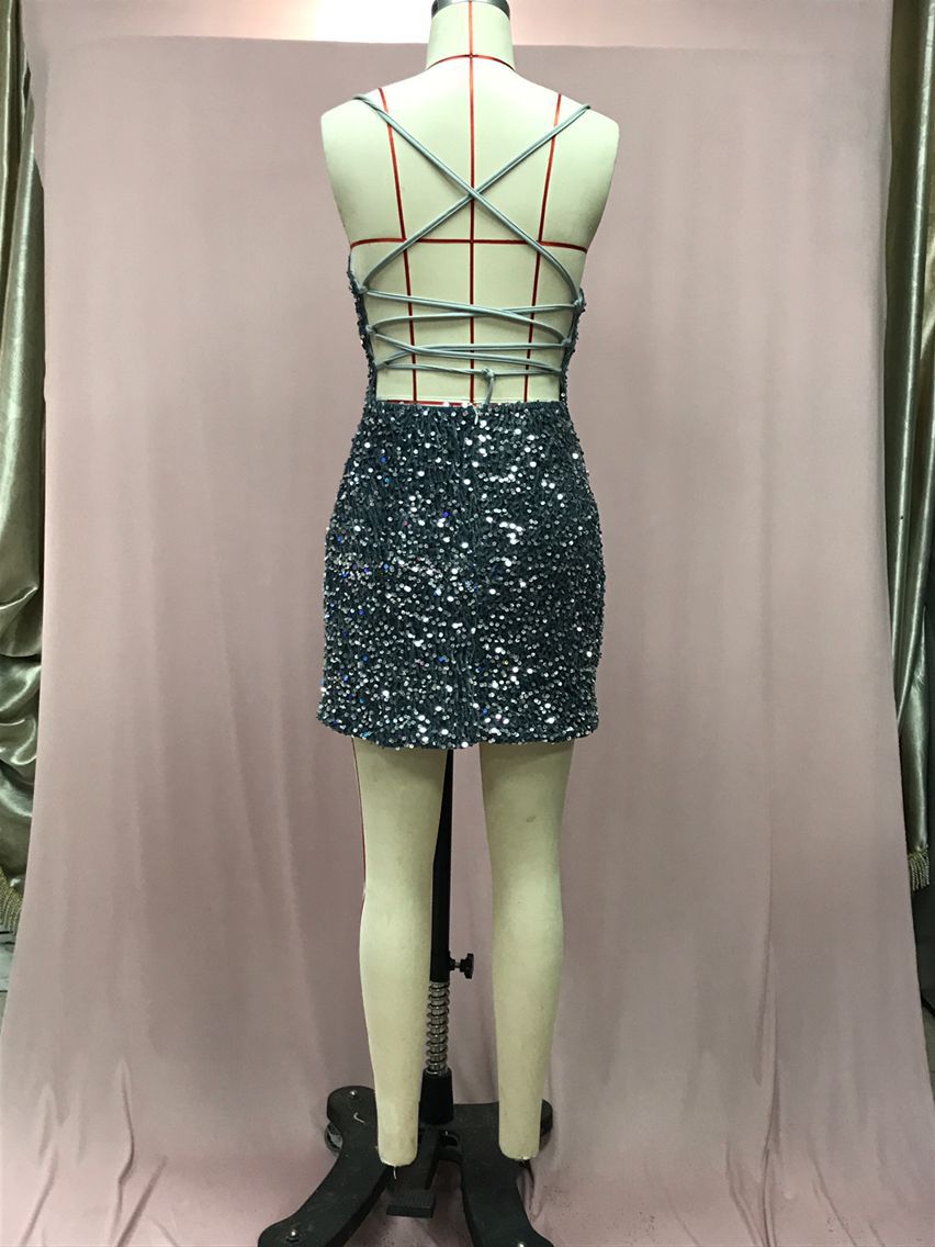 Women French Sequin Backless Bodycon Dress 18