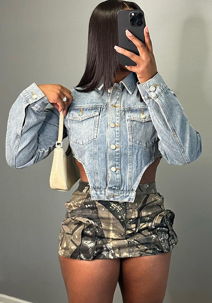 Fashionable Women's Style Irregularside Cutouts  Denim Top