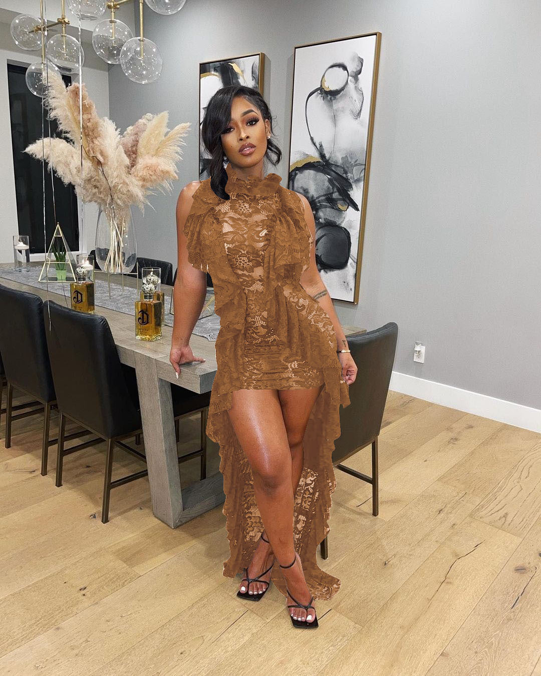 Women Sleeveless Lace Ruffled Collar Irregular Dress 4