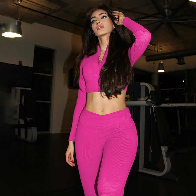 Women winter solid long-sleeved zipper top Pant two-piece set 5