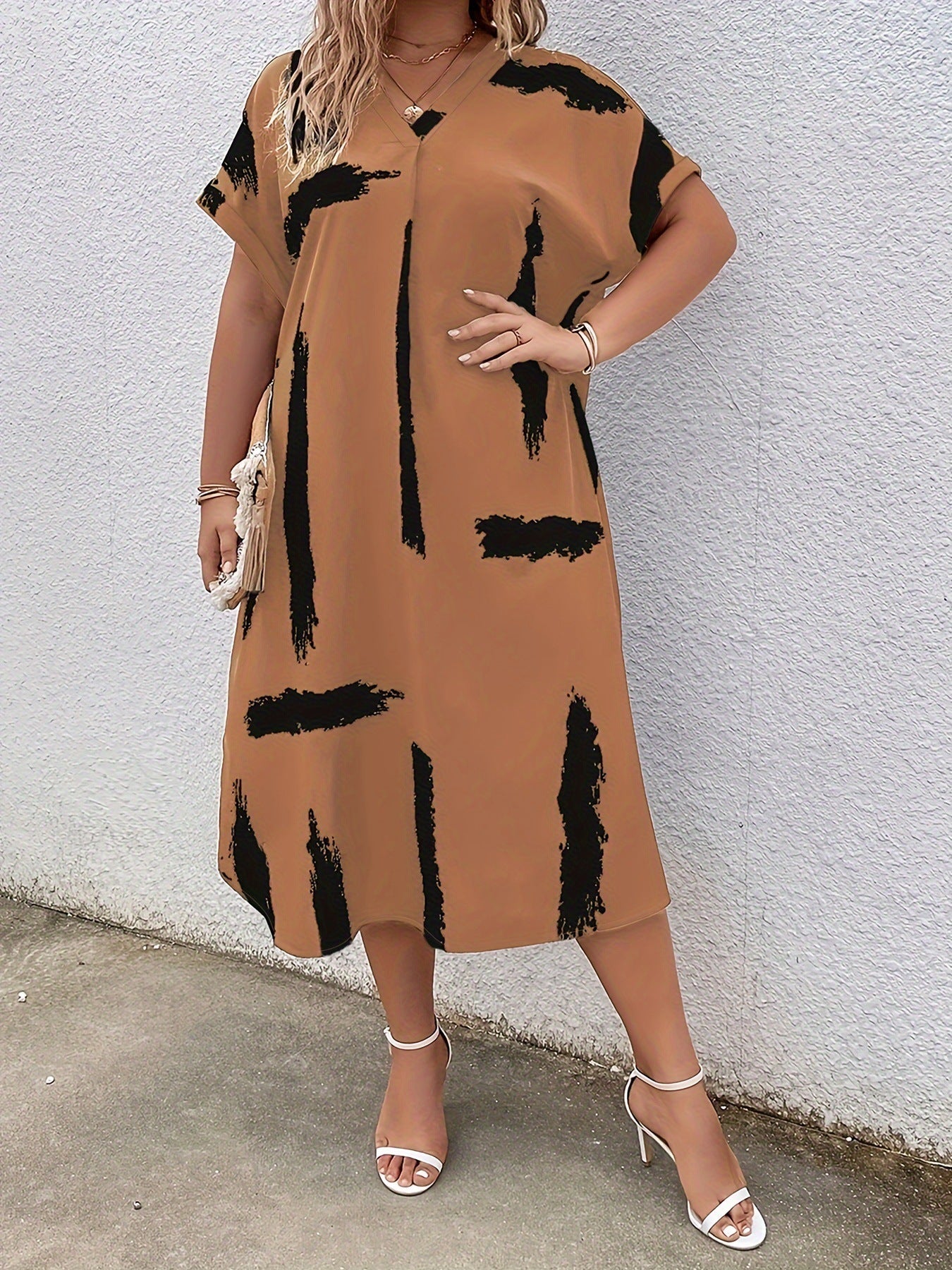 Plus Size Women long dress V-neck short sleeve printed loose dress