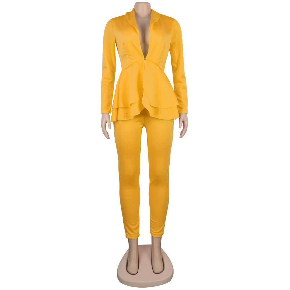 Sexy Women's Solid Color V-Neck Two-Piece Pants Set 22