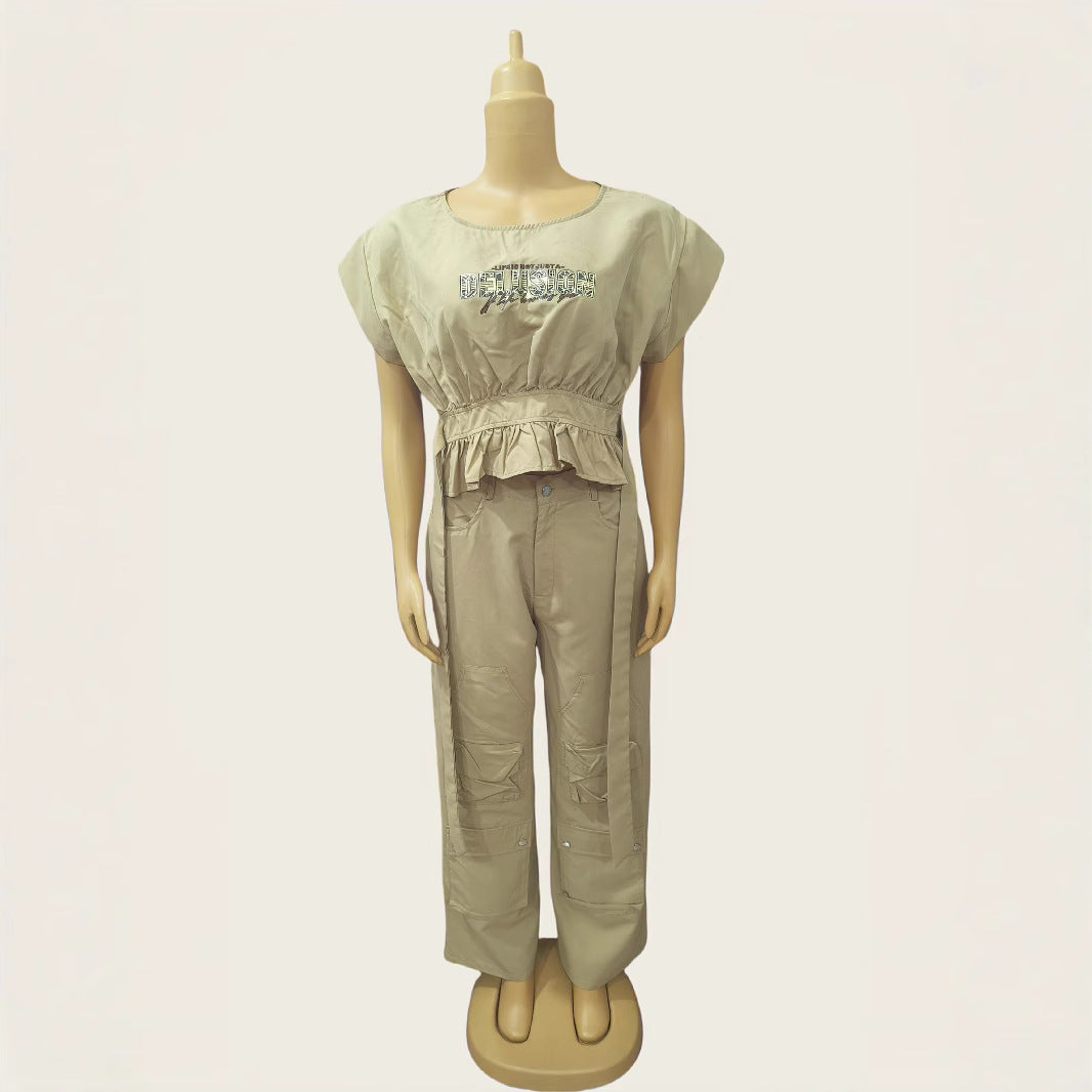 African Print Round Neck Slim Waist Short-Sleeve Top + Loose Cargo Pants Set 4