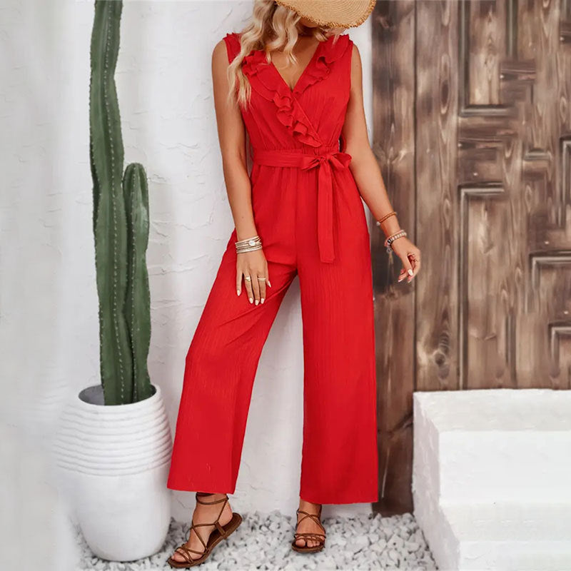 Women's Ruffled Straight Wide Leg Belt Sleeveless Casual Jumpsuit