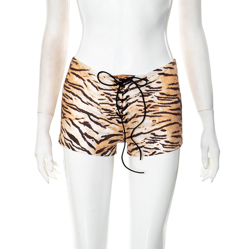 Women's clothing sexy tiger print Lace-up Tight Fitting shorts 8