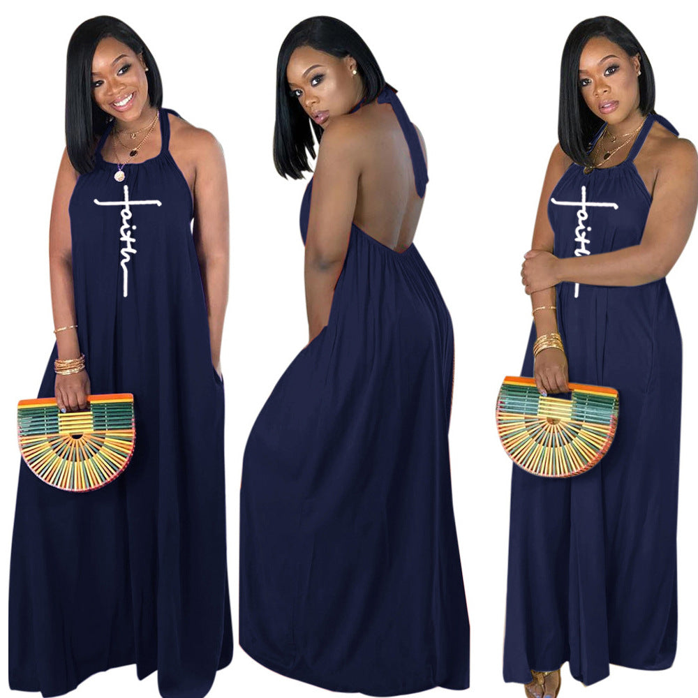 Women's Sling Loose Halter Print Boho Maxi Dress 14