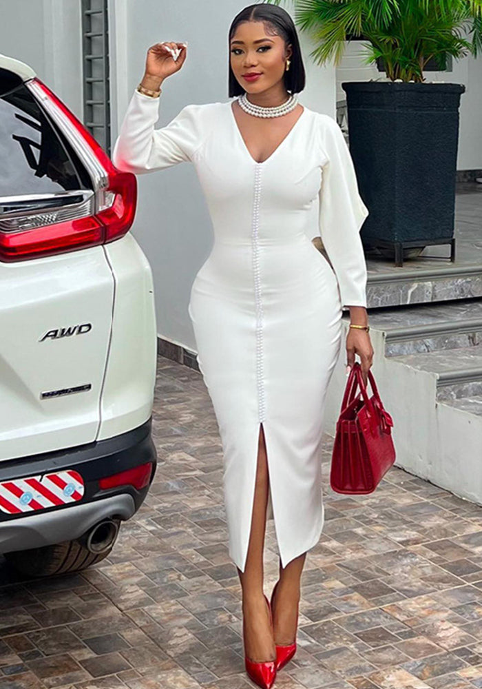 Women's Summer Chic Elegant Beaded V-Neck High Waist Slit Dress