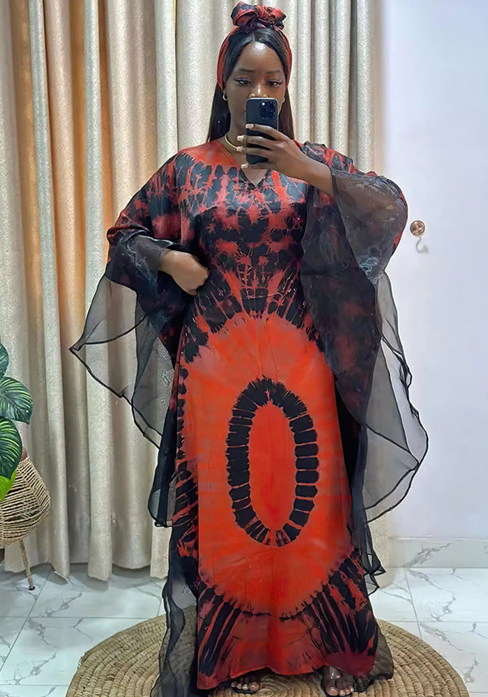 Women's clothing African long robe mesh print dress with headscarf