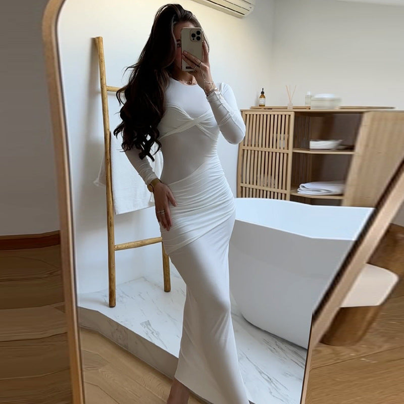 Fashion Sexy Slim Round Neck Long Sleeve Pleated Solid Color Long Dress 4