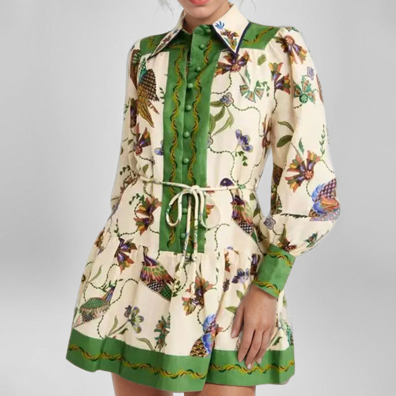 Women lace-up print Turndown Collar long sleeve pleated dress 3