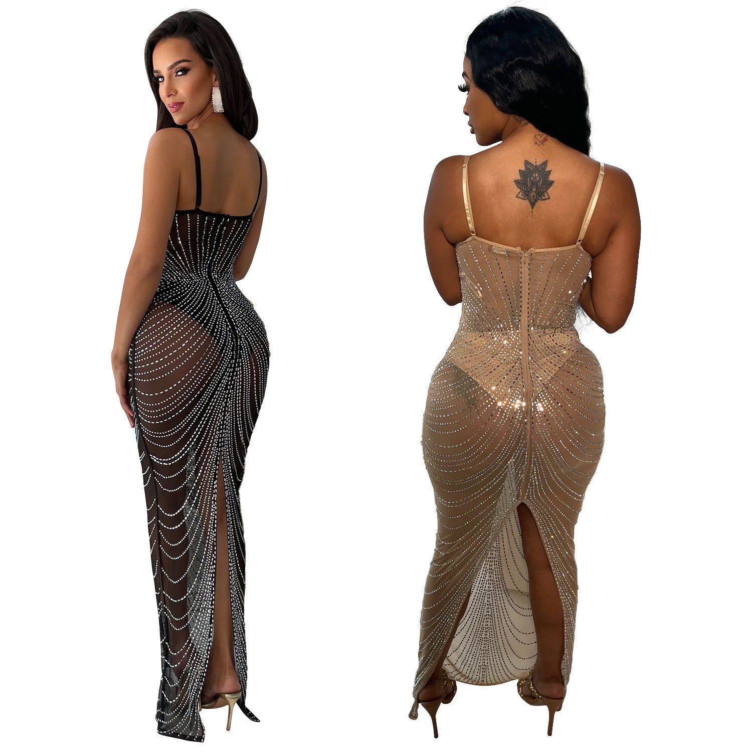 Women's Solid Color Mesh Beaded Straps Maxi Dress 6