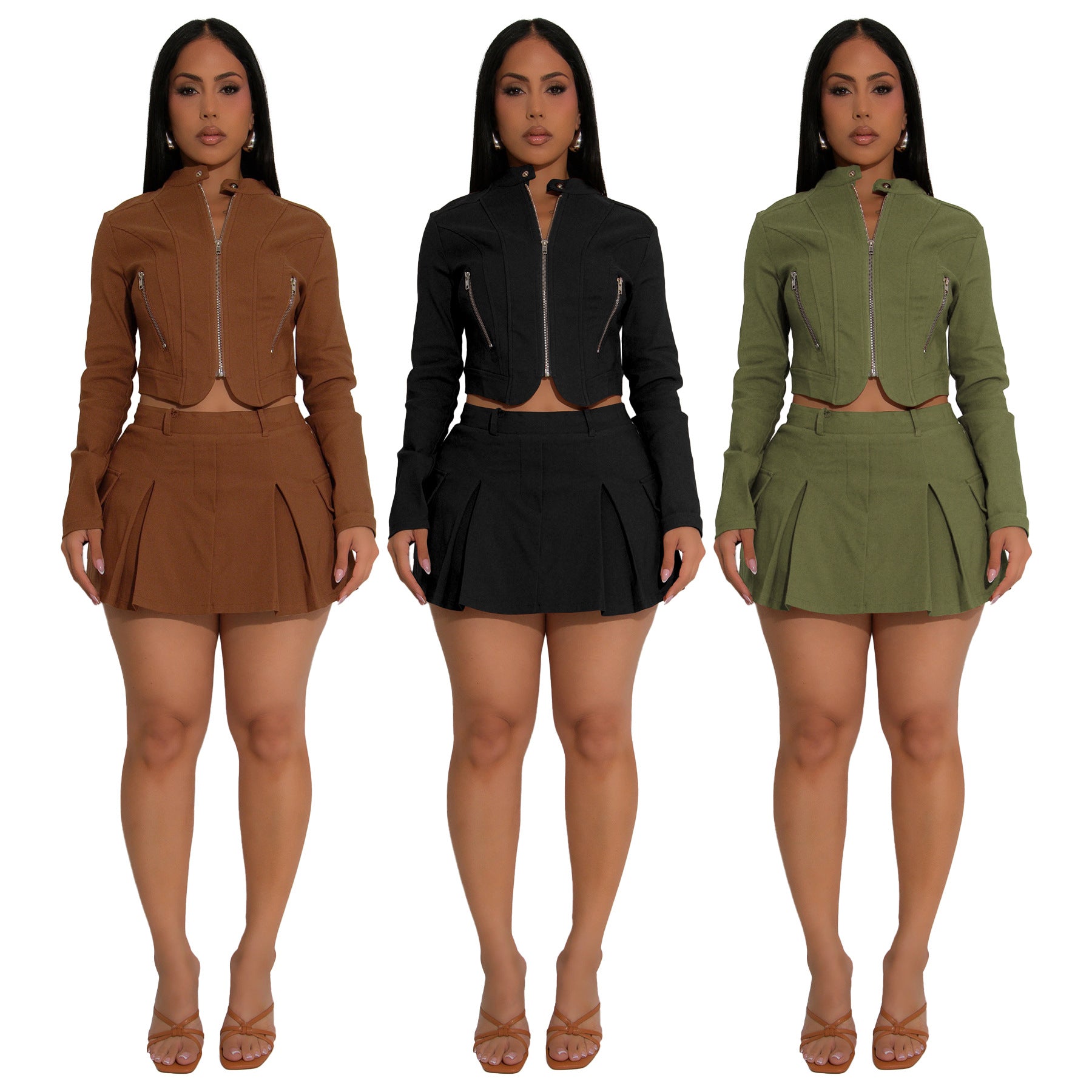 Women's Long Sleeve Zipper Top Sexy Short Skirt Two-Piece Set 11