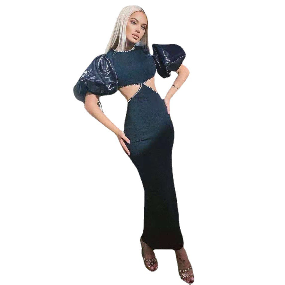 Puff Sleeve Low Back Black Evening Dress Long Party Dress 5