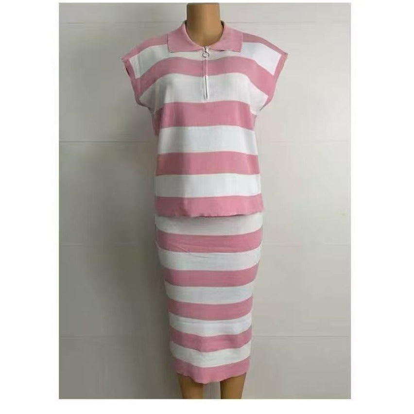 Trendy Striped Long-Sleeve Knit Sweater & High-Waist Bodycon Skirt Set 5