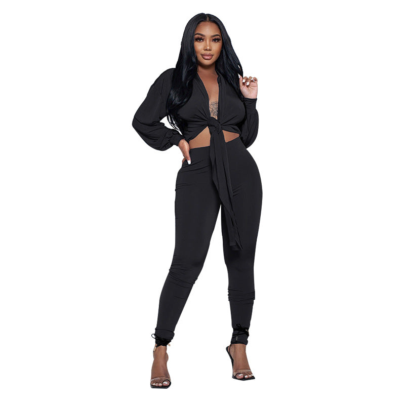 Solid Color Tie Knot Long Sleeve Women'S Two Piece Fashion Casual Tight Fitting Pants Set 3