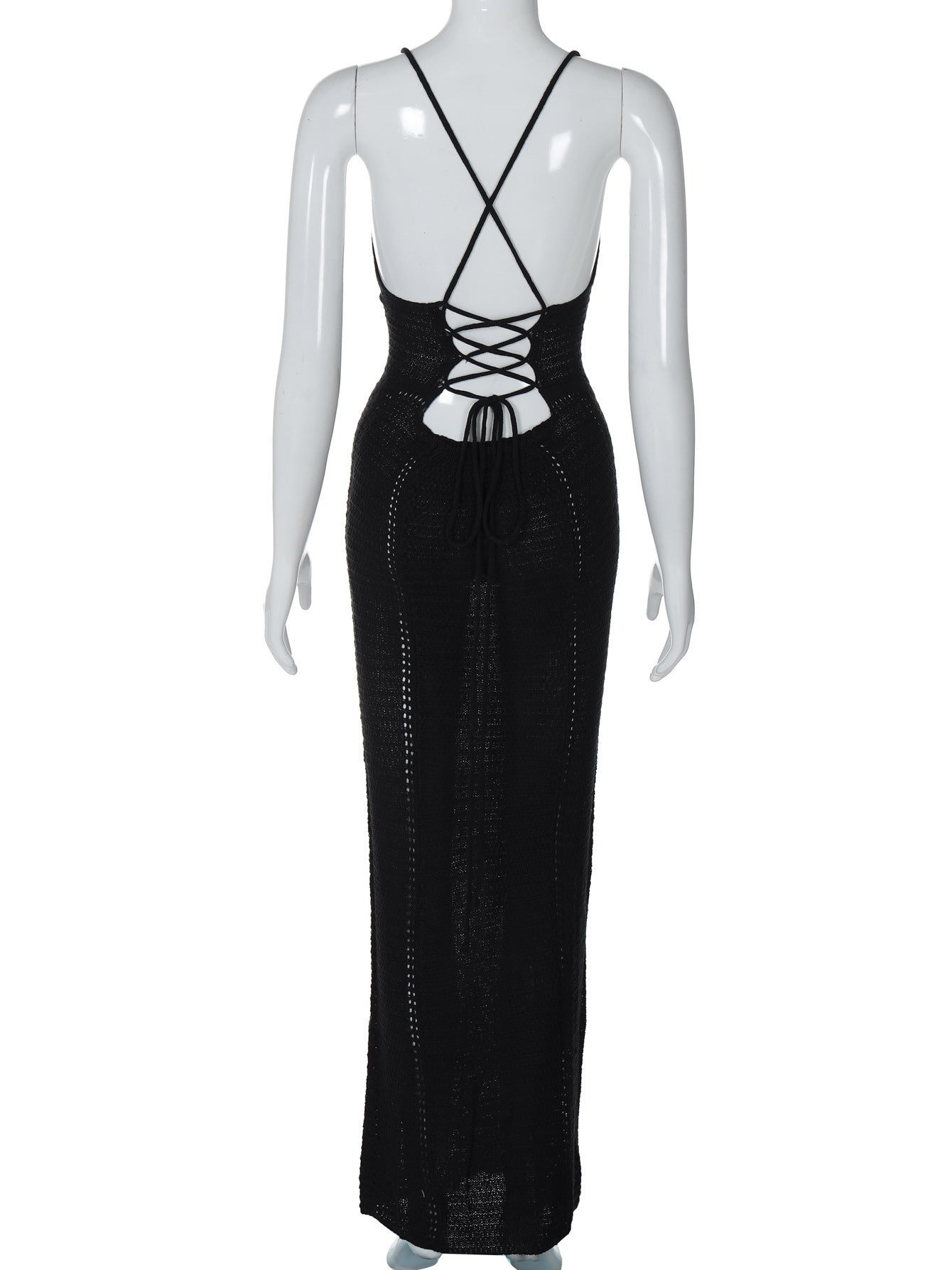 Women Spring and Summer Sexy Backless Hollow Lace Knitting Suspender Bodycon Dress 14