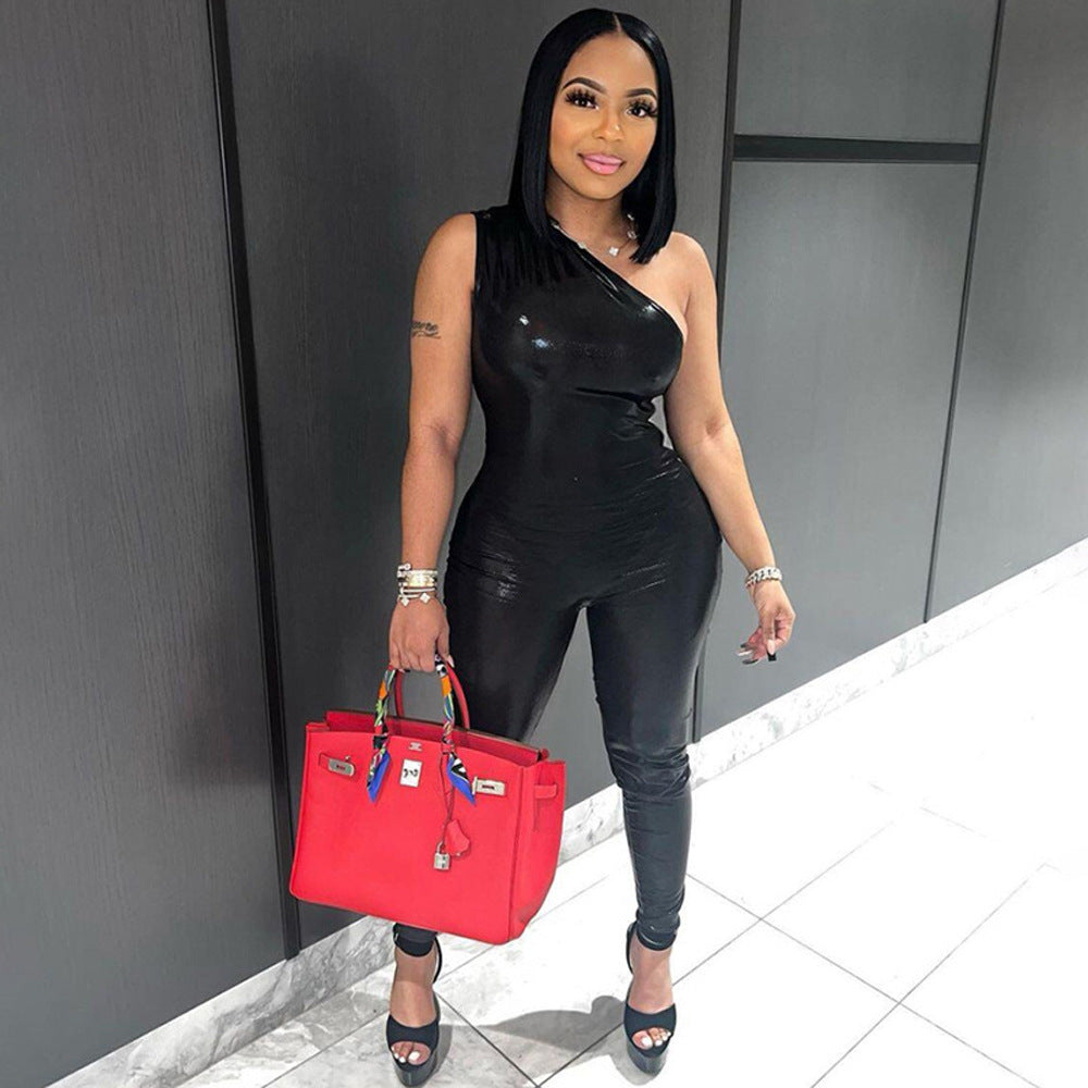 Sexy One Shoulder Solid Color Sleeveless Slim Fitted Pu Leather Jumpsuit 6