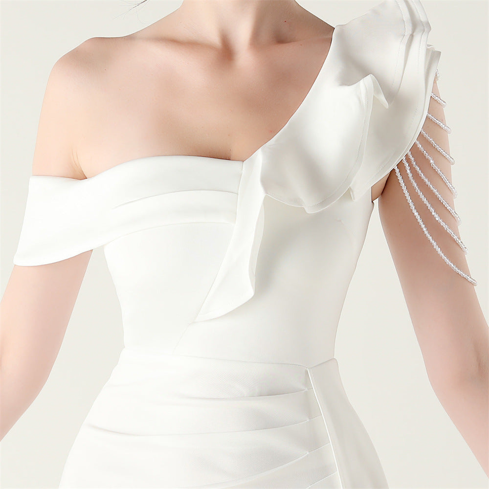 Women pleated one-shoulder beaded ruffle fishtail formal party evening dress 19