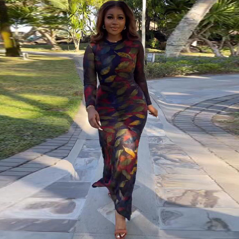 Sexy Printed Stretch Round Neck Long Sleeve Bodycon Tight Fitting Mermaid Long Dress