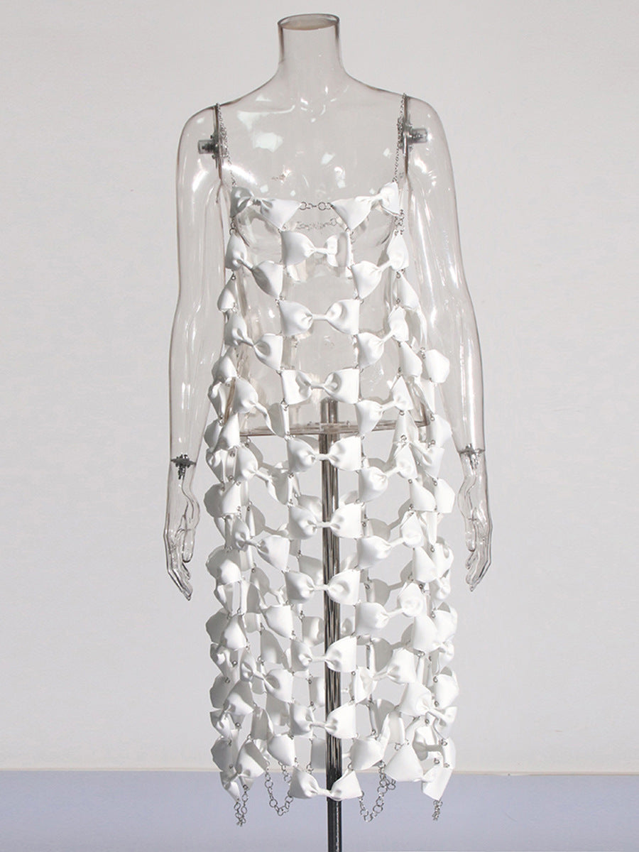 Sexy Solid Color Metal Chain Strap Bow Patchwork Dress 4