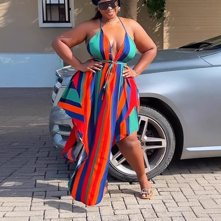 Sexy Low-Back Printed Halter Neck Lace-Up High-Slit Maxi Dress 4