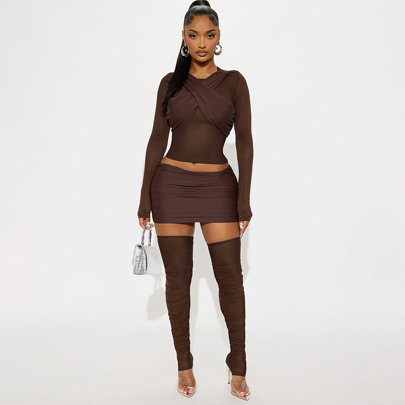 Women Autumn/Winter Cross-Gathered Double-Collared Top and See-Through Mesh Skirt with Three-Piece Knee Pads 3
