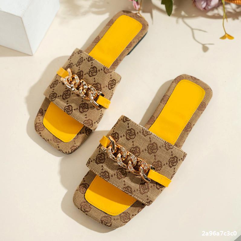 Summer Women Square Toe Rhinestone Chain Fashion Outdoor Wear Slippers Beach Sandals 6