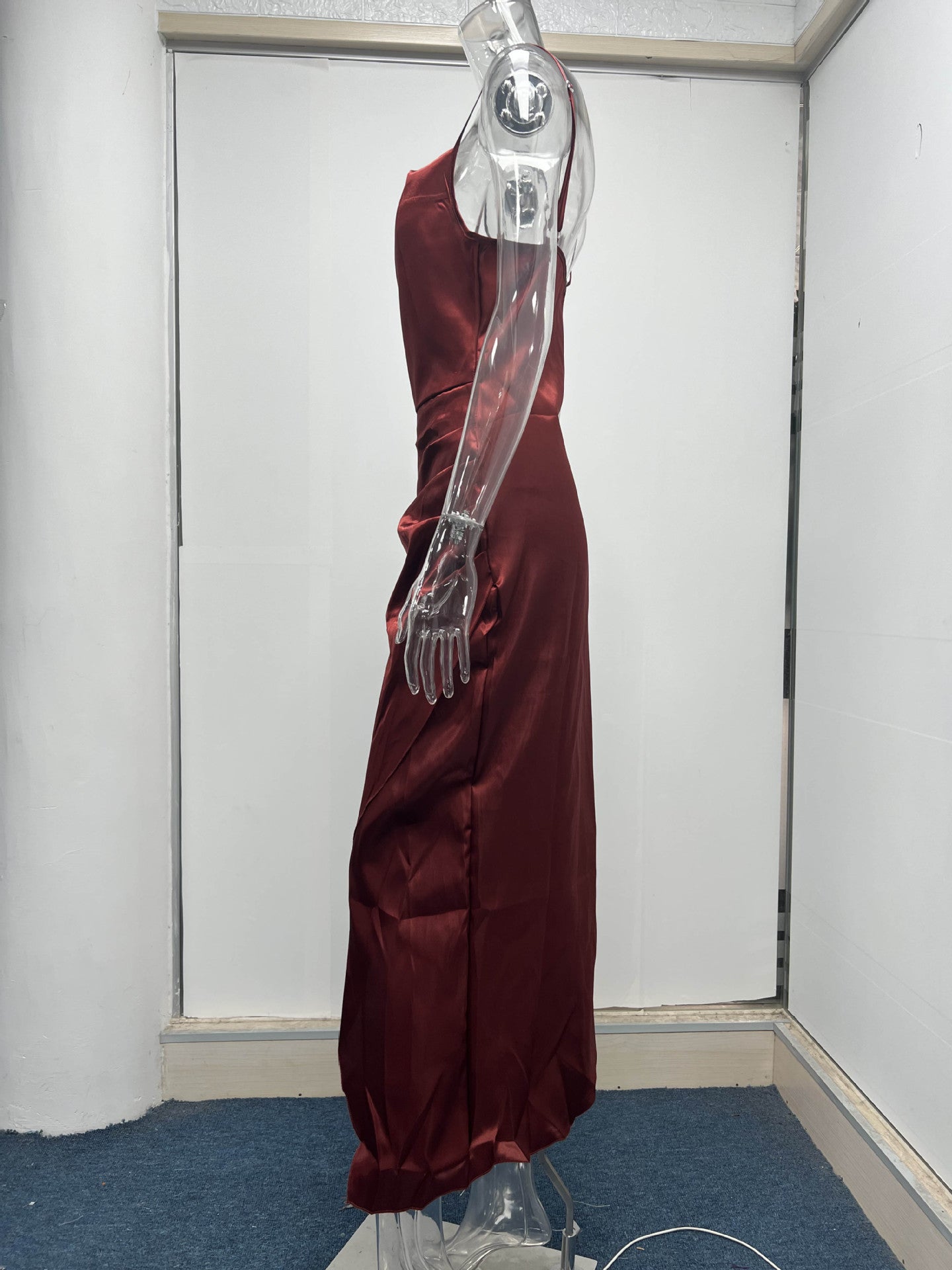 Sexy Low Cut Satin Slit Strap Dress Slim Fit Low Back Maxi Dress 34