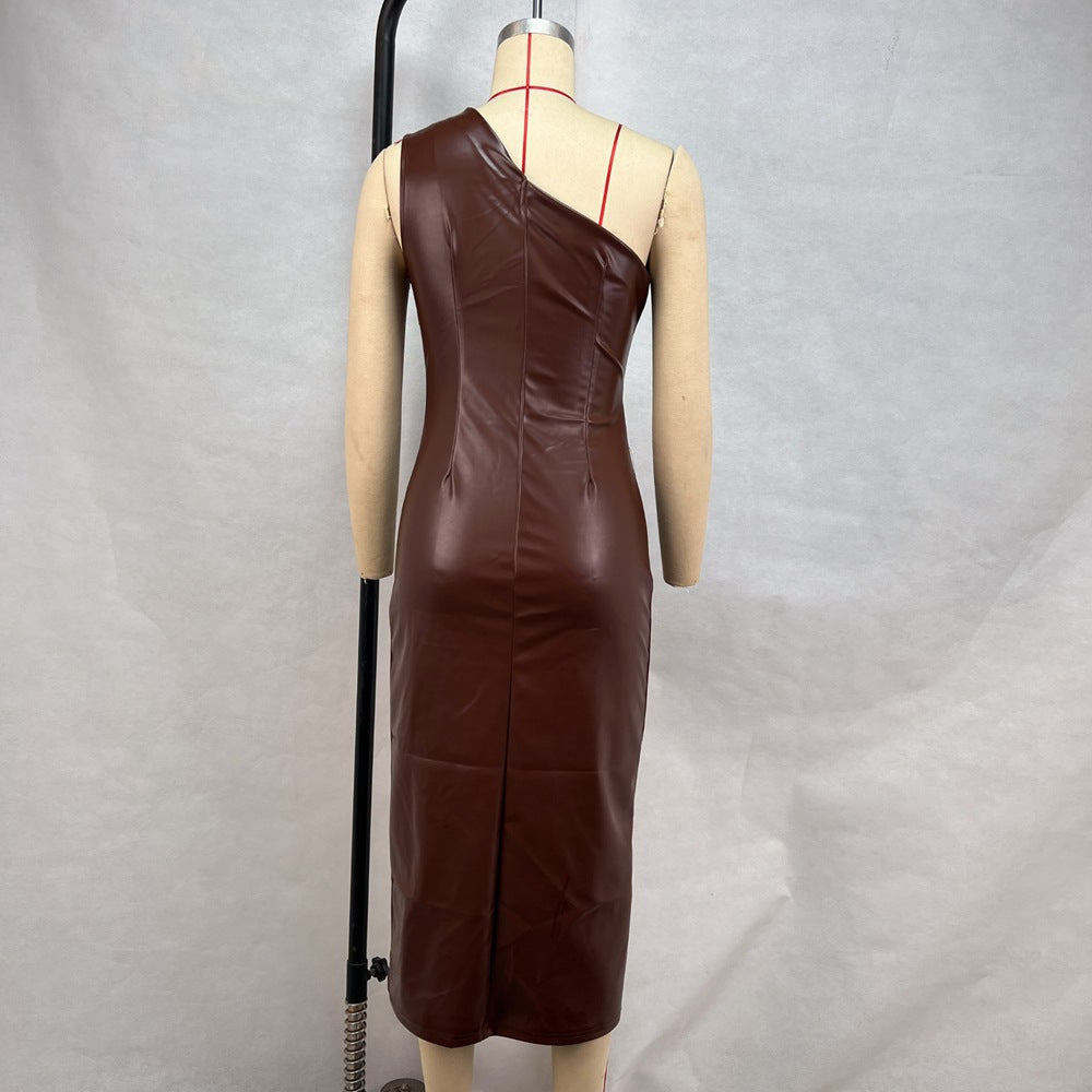 Women's Slash Shoulder Pu Leather Sexy Nightclub Dress 9