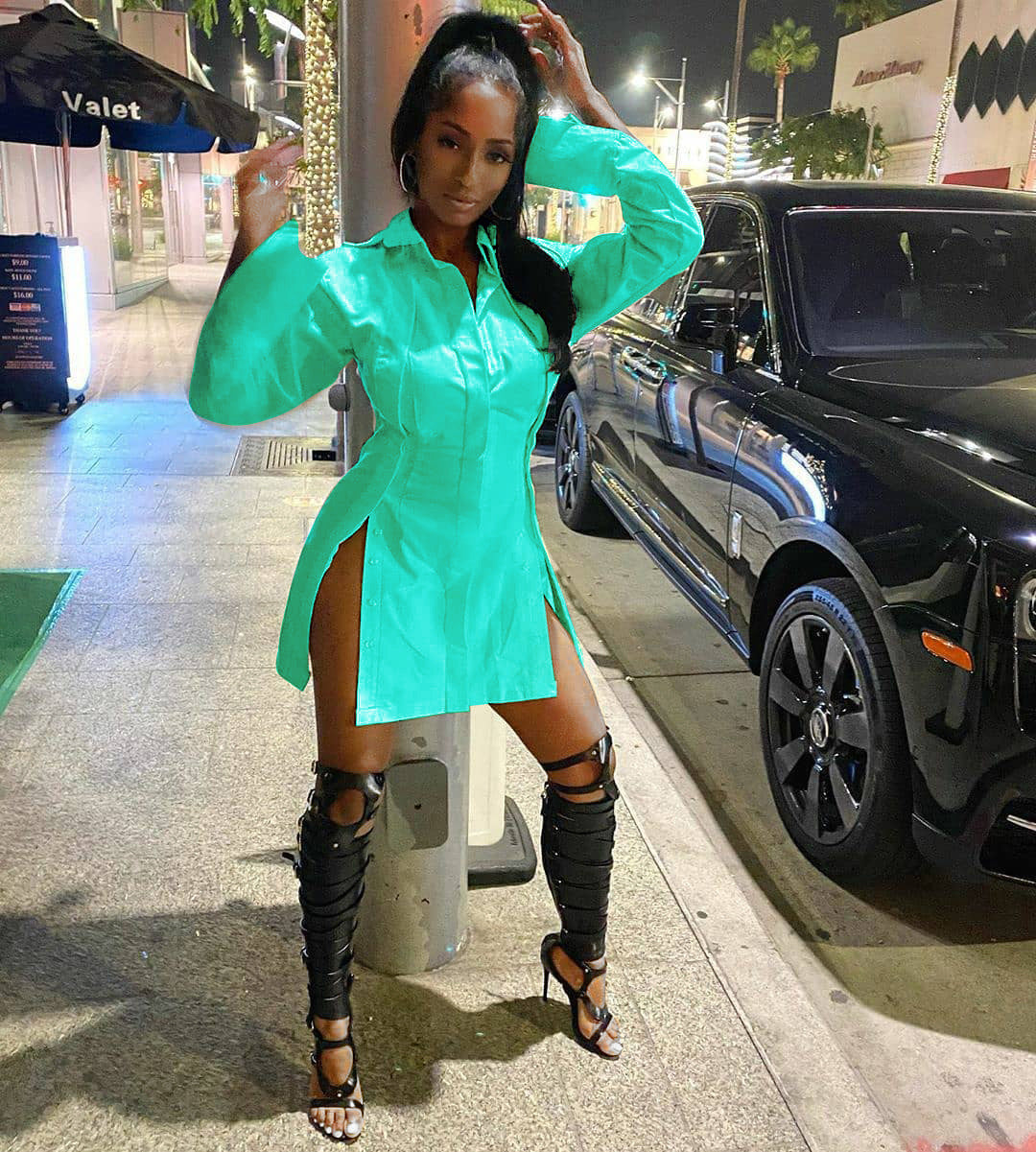 Women's Solid Color Single-Breasted Slit Long Sleeves Shirt Dress 6