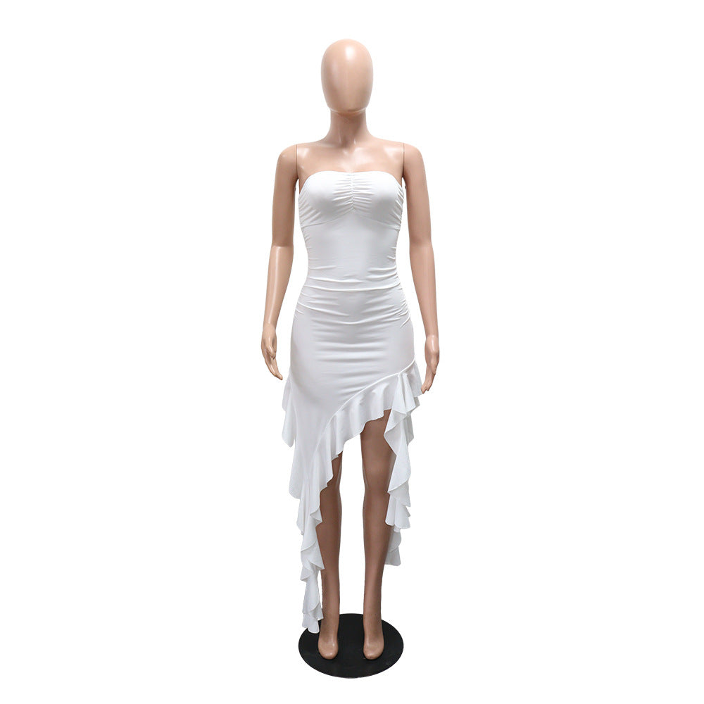 Women's Strapless Irregular Solid Color Ruffled Bodycon Dress 6