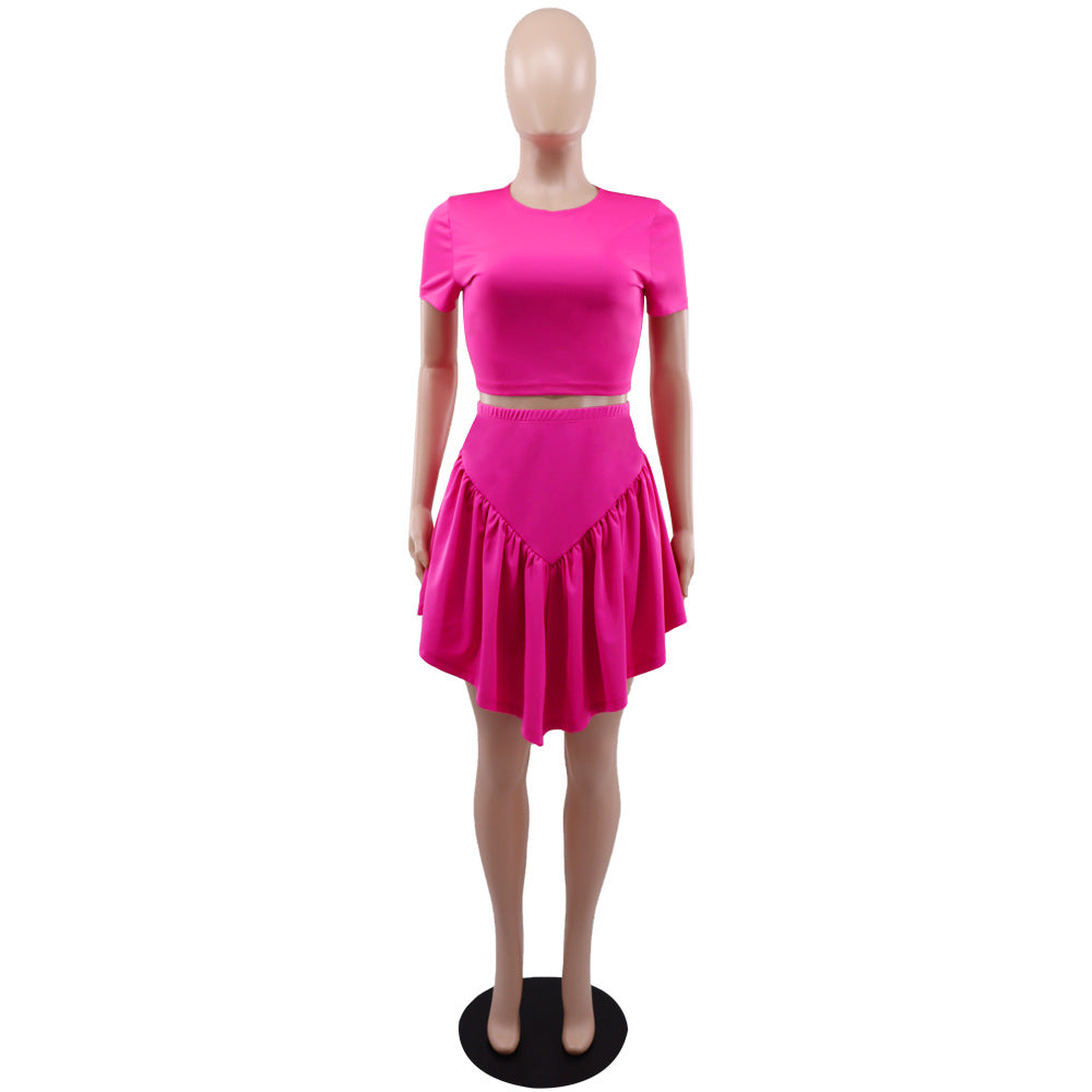 Tight Fitting Short T-shirt High Waist Casual Simple Irregular Skirt Two-piece Set 19
