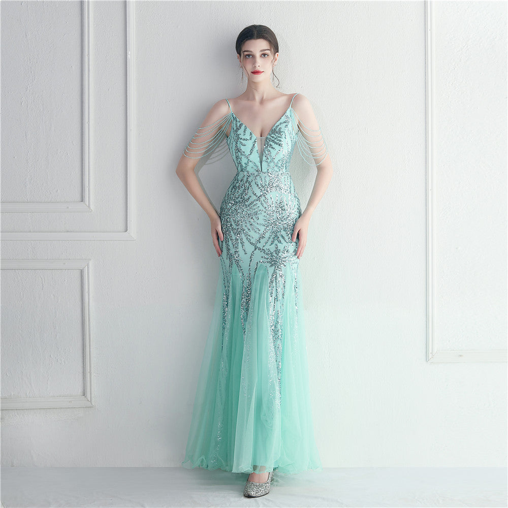 Sequins + Mesh + Beads Bridal Wedding Dinner Long Evening Dress 3