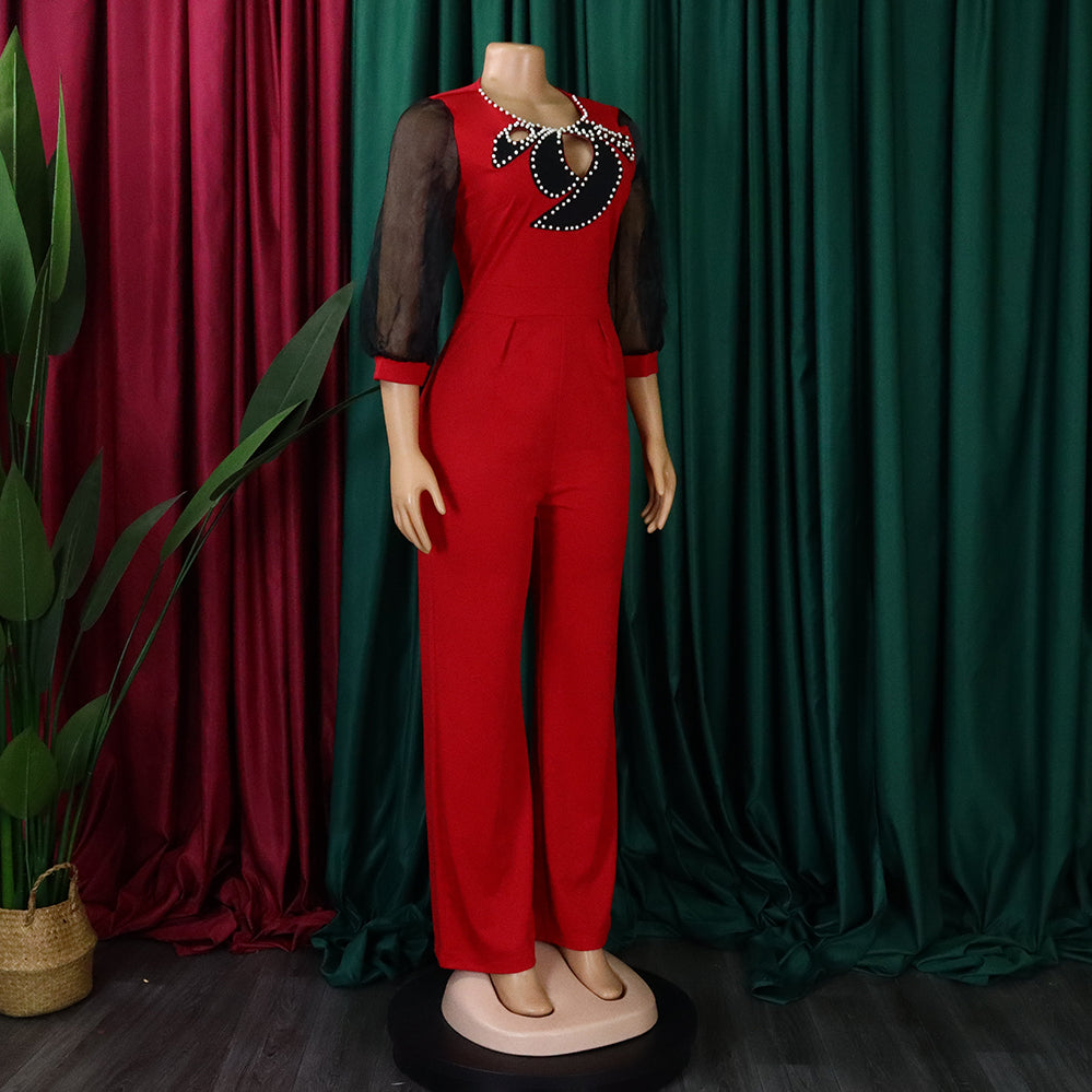 Women'S Summer Short Sleeve Puff Sleeve Beaded Sexy Wide Leg Slim Waist Plus Size Jumpsuit 13