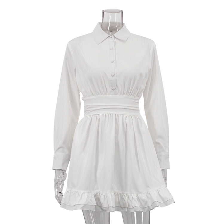 Spring Turndown Collar Long Sleeve A-Line Slim Waist White Ruffle Dress 5