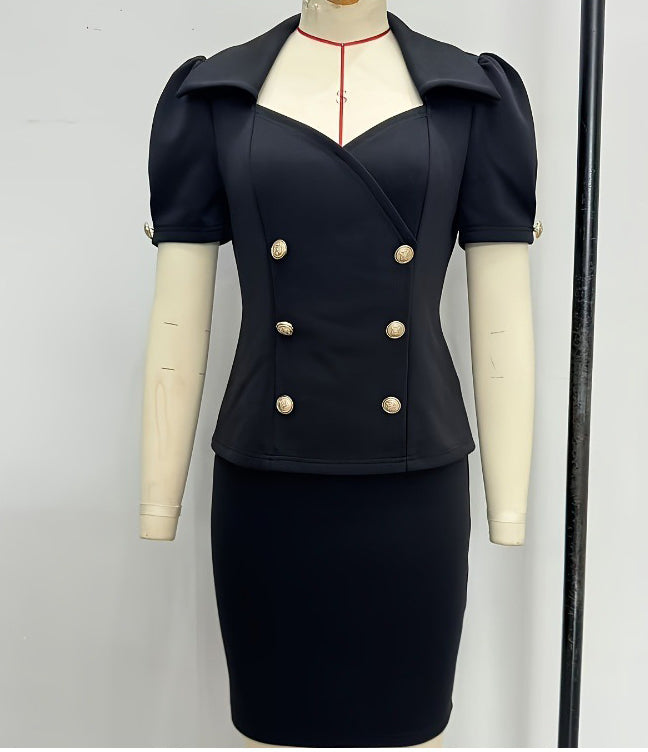 Spring Women's Short-Sleeved Solid Color Double-Breasted Jacket Slim Short Skirt Two-Piece Set 7