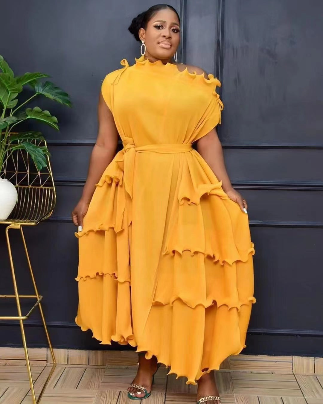 Plus Size African Women French Ruffle Edge Elegant Dress