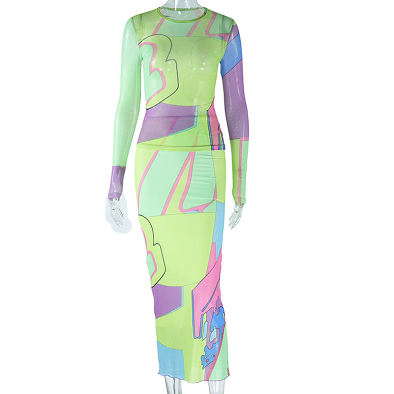 Fashion Print Round Neck Long Sleeve Top Slim Long Skirt Two Piece Set 9