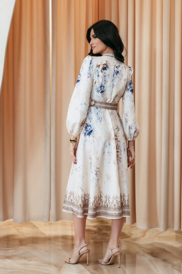 Elegant Print Row Jewelry Button Floral Lantern Sleeve Midi Dress with Belt 11