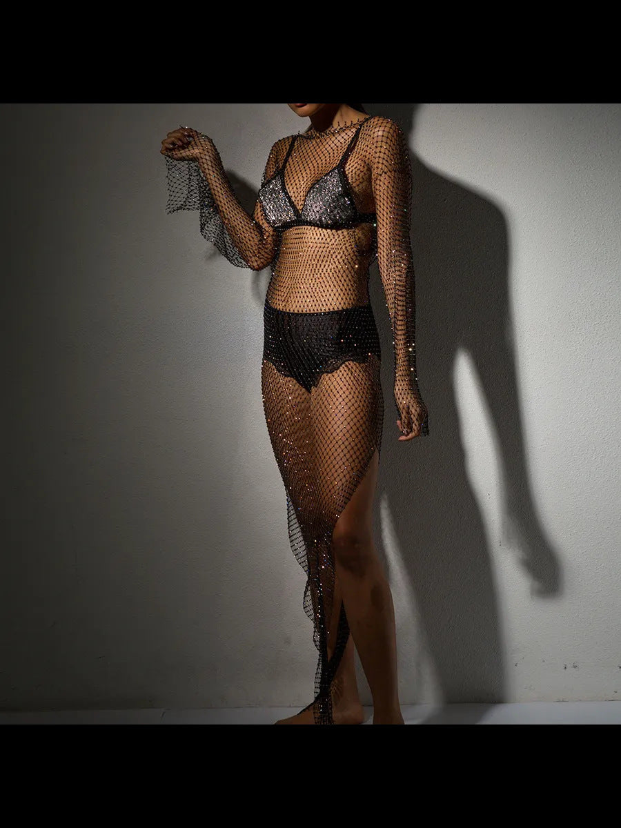 Hollow Slit Sexy Rhinestone Mesh Sexy Fishnet Long Dress 5