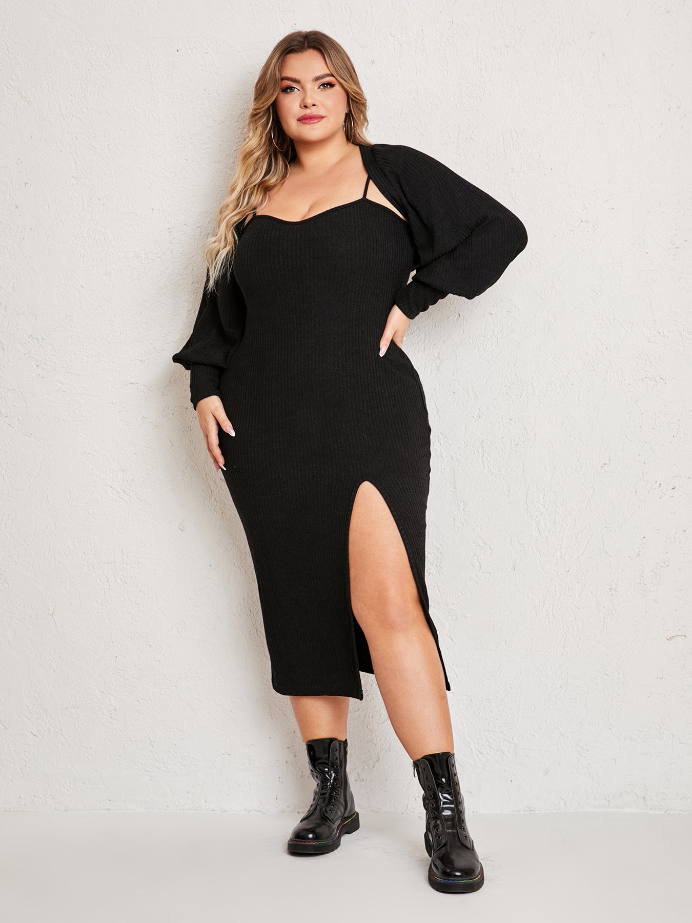 Summer Plus Size Women's Strap Low Back High Slit Dress Coat Set