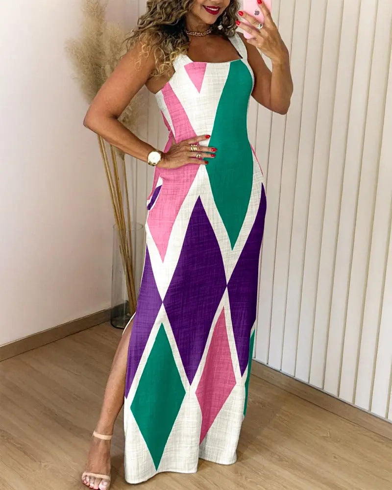 Women Summer Contrast Sexy Stretchy Printed Retro Sundress 3