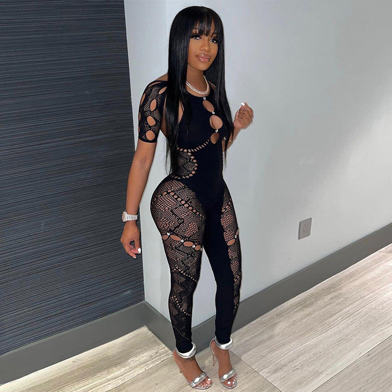 Women's Solid Color Halter Neck Short Sleeve Hollow Diamonds Sexy Slim High Waist Lace Jumpsuit 6