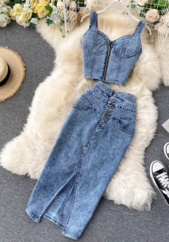 Sexy Crop Top High-Waist Denim Skirt Trendy Women's Set